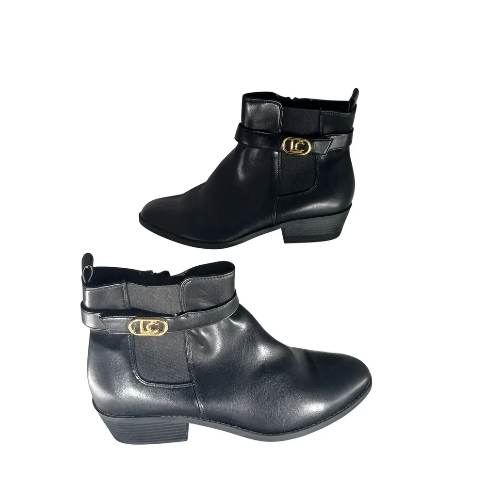 Liz Claiborne‎ Ankle Boots 11 Black Gold Buckle Strap Block Heel Zip Booties